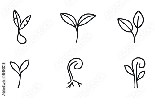 Floral growth outline icons set – plant, botanical, seedling symbols for design