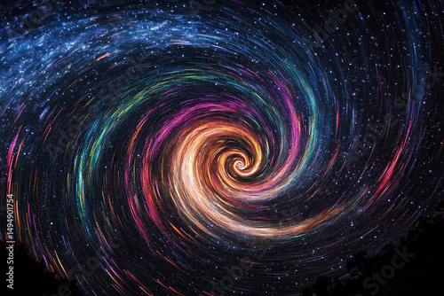 Colorful swirling galaxy creating a mesmerizing vortex effect in space at night