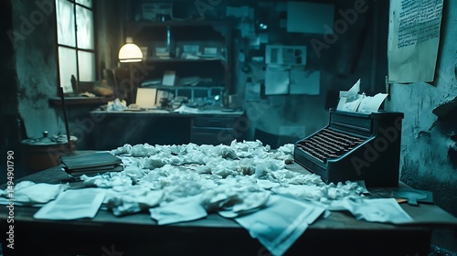 Vintage writer's room with old typewriter and scattered papers, a scene of creative chaos