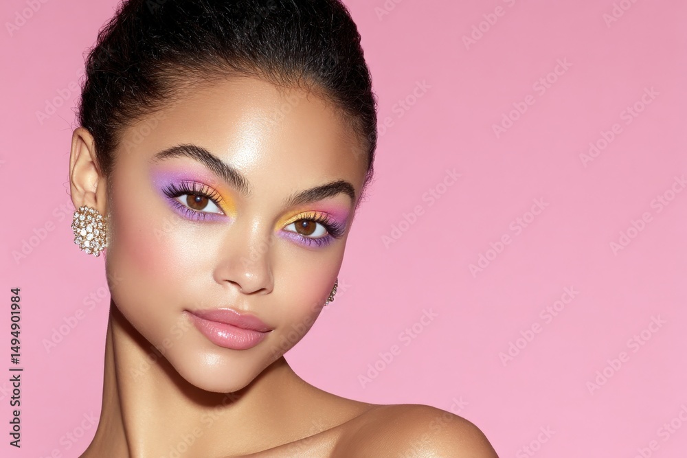 Fototapeta premium Stunning portrait of a woman with vibrant makeup against a pink background