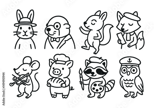 Animal character outline icons set – cute, whimsical, cartoon figures