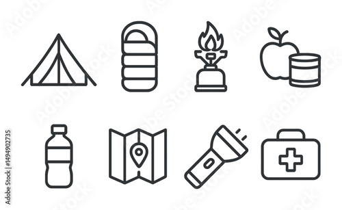 Camping solid icons set - filled, outdoor, nature adventure symbols