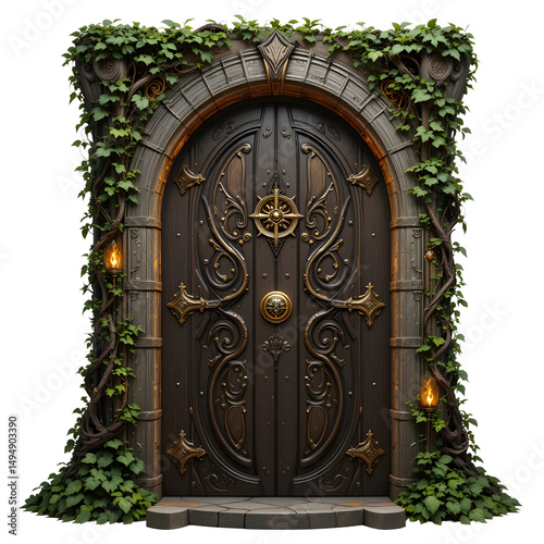 Fantasy elven door with glowing runes, vine-covered edges, golden knob,  isolated on white background