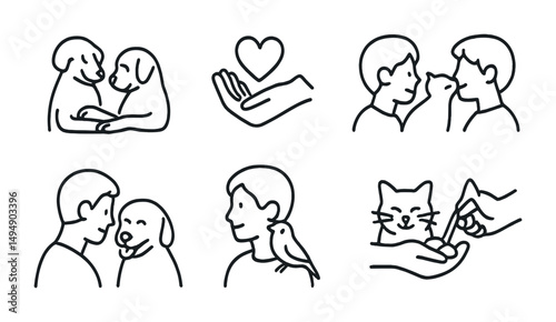 Pet care outline icons set – linear, animal wellness, veterinary symbols