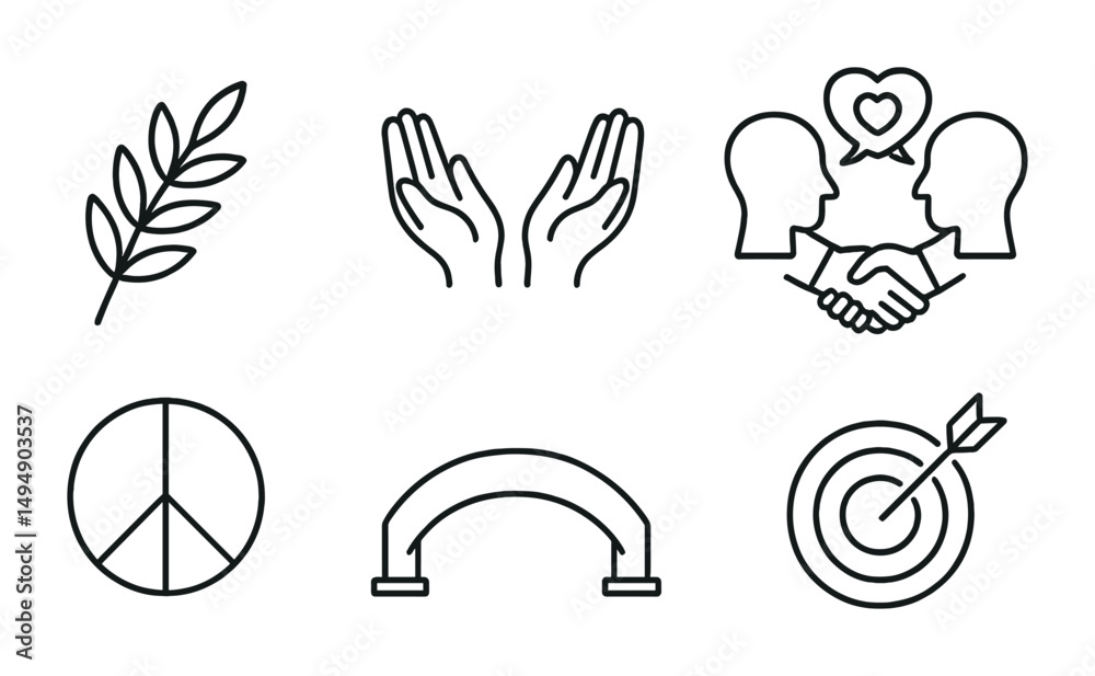 Fototapeta premium Peace and unity outline icons set – linear, harmony, cooperation symbols