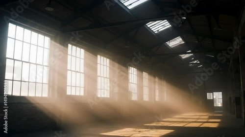 Light streaming through dusty air in an industrial warehouse  