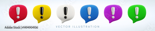 Vector cartoon 3d attention message icon set. Cute realistic render of colorful speech bubbles with exclamation mark. Important message, danger warning sign, problem notice popup for mobile app, web.