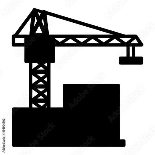 Silhouette of a construction crane against a building, black vector image