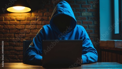 A person in a blue hoodie using a laptop in front of a brick wall under a yellow lamp at night time