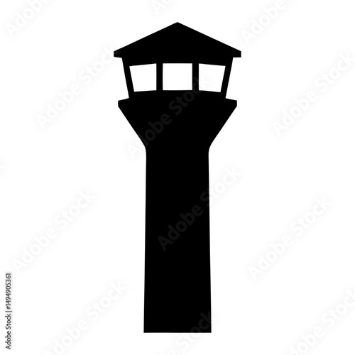 Black silhouette of a generic control tower on a white background