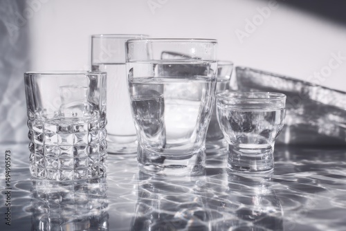Clear water glasses on reflective surface, showcasing purity and freshness. Crystal cups filled with refreshing liquid, emphasizing hydration and health benefits.