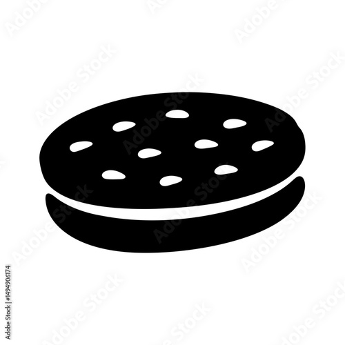 A black and white icon of a hamburger showing sesame seeds