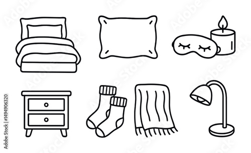 Sleep and relaxation outline icons set – comfort, rest, and bedroom essentials