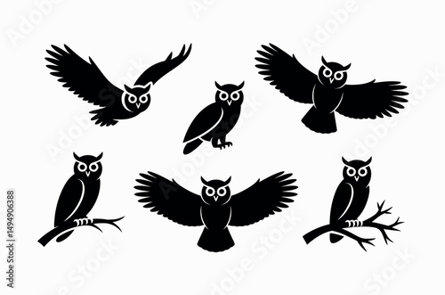 Owl Silhouette with Wings and Beak Vector