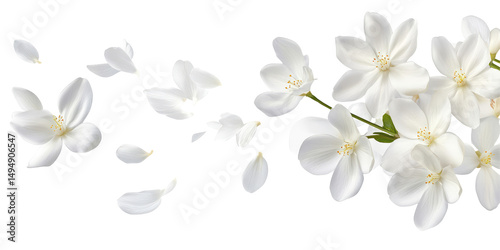 Arrangement of white flowers with petals falling on a black background creating a delicate floral design