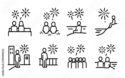 Fireworks celebration outline icons set – linear, festive, event symbols