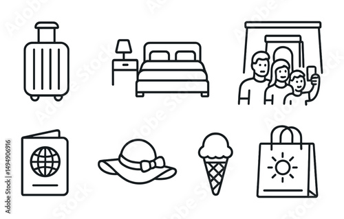 Travel and vacation icons set in outline – line, flat, tourism and adventure symbols