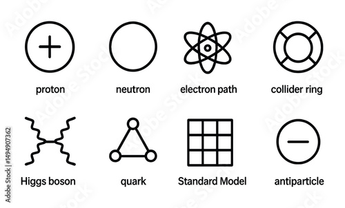 Physics and science outline icons set – linear, atomic, particle symbols