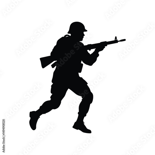 Silhouette of a Running Soldier with Rifle Military Action Vector Illustration