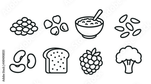 Healthy food outline icons set – dining, nutrition, culinary symbols