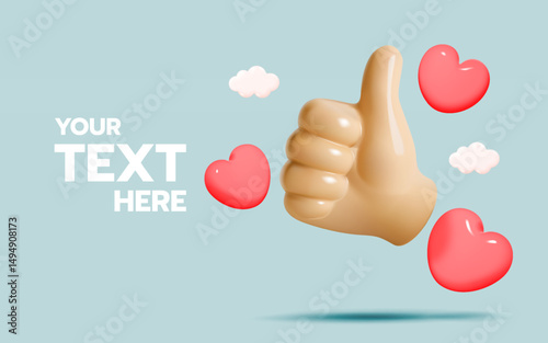 Thumbs Up with Floating Hearts and Clouds on Blue Background for Positive and Loving Messages