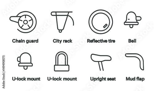 Bicycle accessories outline icons set – gear, cycling, bike parts symbols