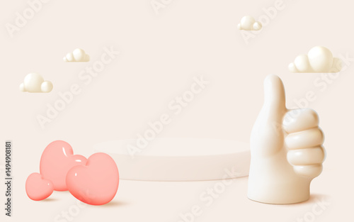 3D Thumbs Up with Floating Pink Hearts and Clouds on Cream Background for Positive Design Concepts