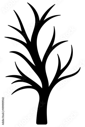 Tree. Silhouette. Curved branches without leaves. Vector illustration. Isolated white background. Twisted tree trunk. Idea for web design.