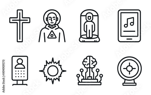 Religion and spirituality outline icons set – linear, sacred, faith symbols