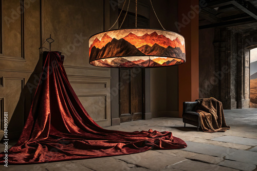 Dramatic mountain ceiling light with rich fabrics in stylish interior