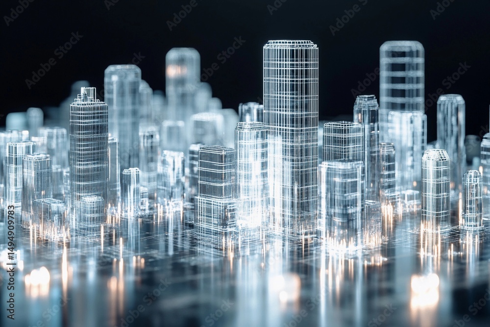 Obraz premium Holographic cityscape featuring towering glass skyscrapers illuminated in a futuristic urban setting