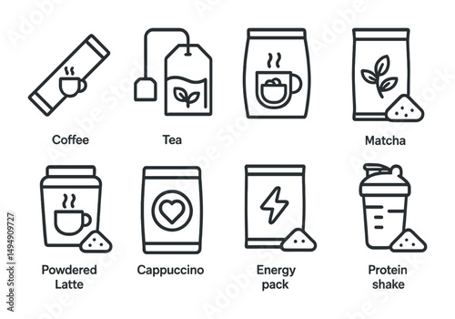 Coffee and tea outline icons set – linear, drink, beverage symbols for cafes