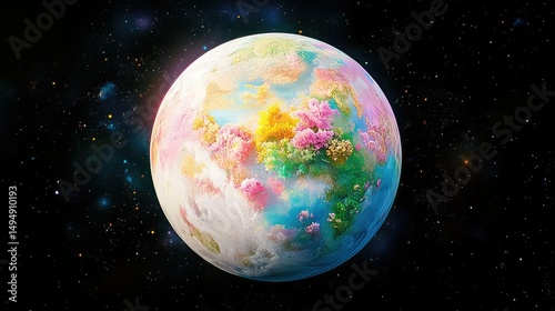 Illuminated Earth in orbit, vibrant and glowing with clouds and ocean detail, positioned to leave text space
