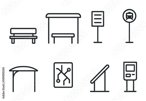 Transportation and bus stop outline icons set – linear, transit, travel symbols