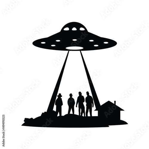 Mysterious UFO Encounter Silhouetted Figures Witnessing Alien Spaceship Above Rural Home