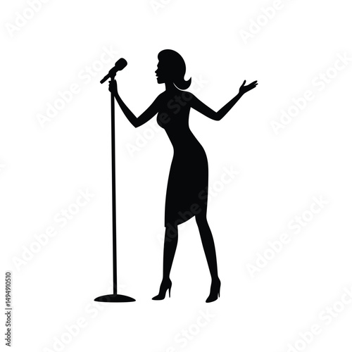 Elegant Silhouette of a Female Singer Performing on Stage with Microphone