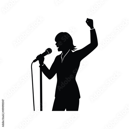 Empowered Woman Silhouette Singing into Microphone, Powerful Performance, Public Speaking, Female Vocalist