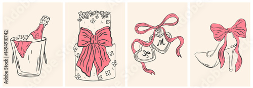 Hand drawn chalk Italian style wedding posters. Locket, champagne, shoe with bow, cake drawings for wedding invitations, menu and parties. Ink doodle sketch style. Coquette vintage vector illustration