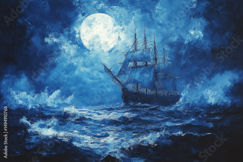 A ship sails under a starry night sky on a calm ocean, its lights reflecting on the water, creating a serene and peaceful scene.