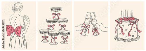 Hand drawn chalk Italian style wedding posters. Wine, champagne tower, bride, cake drawings for wedding invitations, menu and parties. Ink doodle sketch style. Coquette vintage vector illustrations