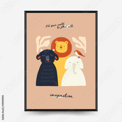 Abstract Childrens Room posters template. Modern trendy Kids minimal style. Hand drawn design for wallpaper, wall decor, print, postcard, cover, template, banner.