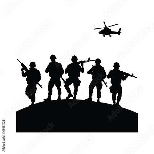 Silhouette of Soldiers with Helicopter Military Operation Illustration