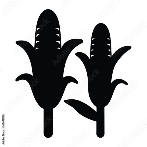 Two ears of corn on the stalk in a black silhouette
