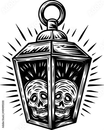 SVG skull tattoo with sea lantern priests in mystical nautical vector style. Intricate Vintage Lantern Design with Skull Motif and Radiant Details