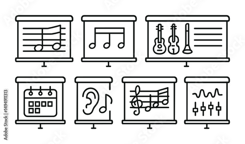 Music and audio line icons set – outline, linear, melody and sound elements