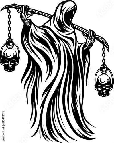 SVG skull tattoo with sea lantern priests in mystical nautical vector style. Grim Reaper Holding Scales of Justice with Skull Accents in Black and White