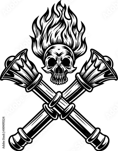 SVG skull tattoo with sea lantern priests in mystical nautical vector style. Skull with Flames and Crossed Pipes in Vintage Tattoo Style Artwork