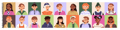 Collage of cute portraits of happy kids. Set of diverse children avatars. Funny faces of positive little girl and boys smiling in square frames for user profiles. Flat isolated vector illustrations