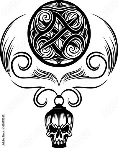 SVG skull tattoo with sea lantern priests in mystical nautical vector style. Intricate Black and White Skull Art with Decorative Elements