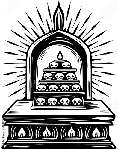 SVG skull tattoo with sea lantern priests in mystical nautical vector style. Intricate Black and White Illustration of a Skull Alter with Flames